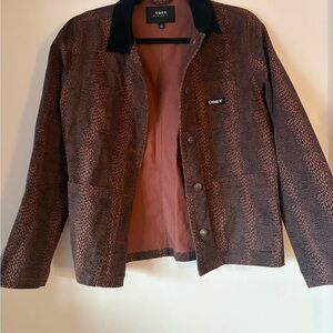 Obey Women's Rust Brown Printed Coach Jacket with Black Collar